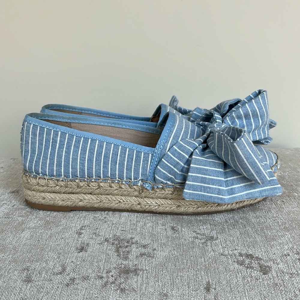 Sam Edelman blue striped “Ciara” platform espadrille with oversized bow